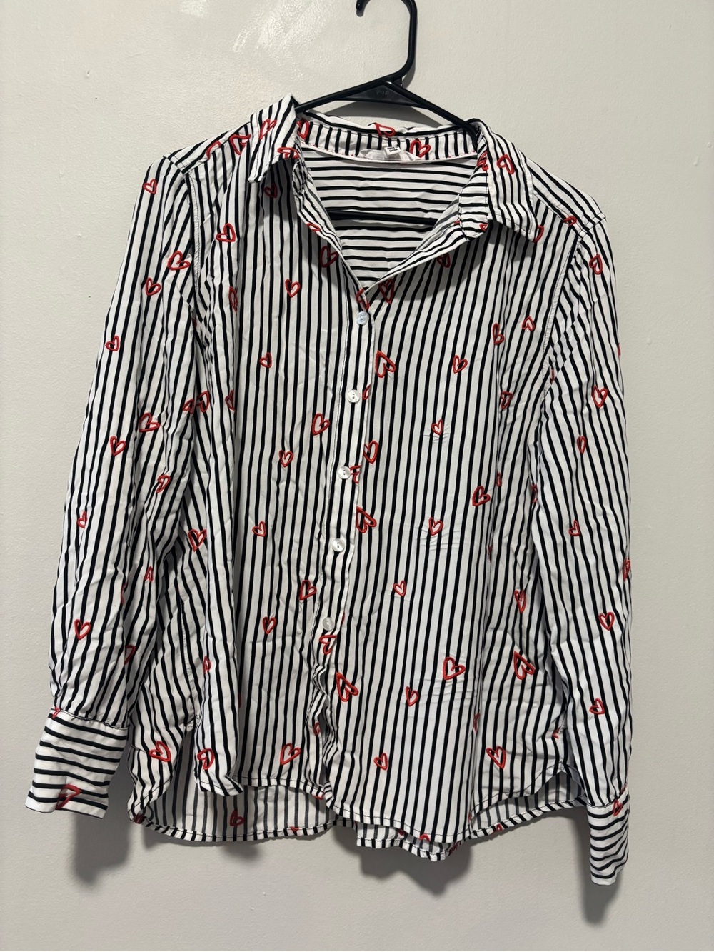Jane and Delancey Black & White Striped Button-Down with Red Heart Print